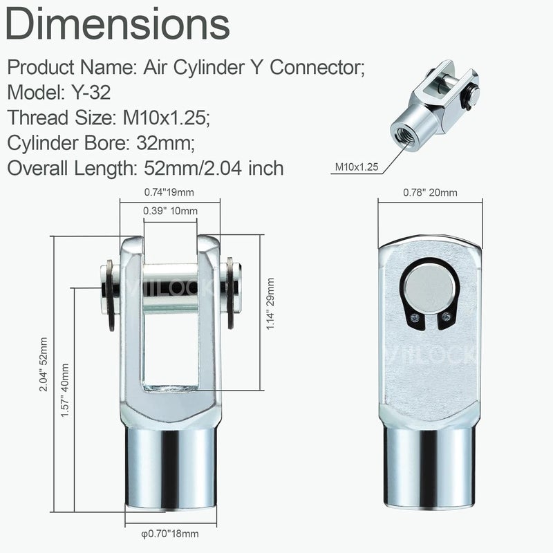 VIILOCK 2pcs Air Cylinder Rod Clevis End, M10x1.25 Female Thread Y Connector for Pneumatic Air Cylinder Foot Mounting Work Y-25/32 - Image 4